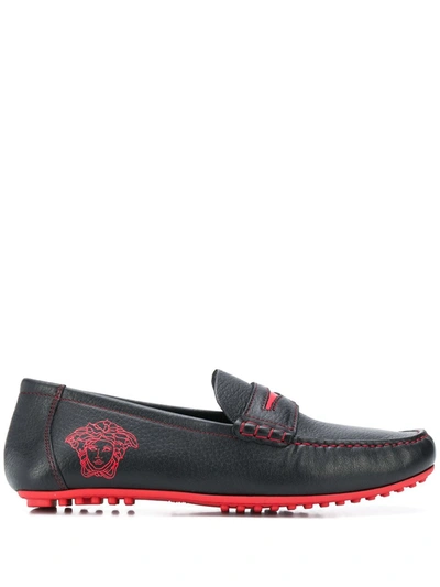 Versace Medusa Leather Loafers In Black,red