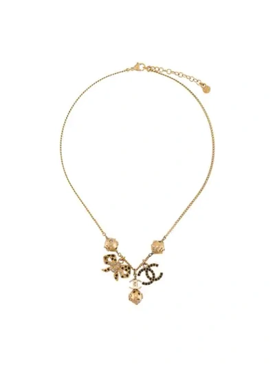 Pre-owned Chanel Cc Rhinestone-embellished Charm Necklace In Gold