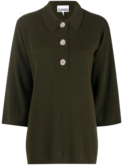 Ganni Oversized Knitted Polo In Green