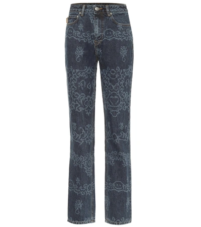 Ganni Printed High-rise Straight Jeans In Blue