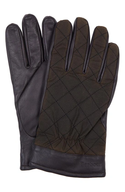 Barbour Dalegarth Leather & Waxed Cotton Gloves In Olive/brown