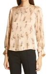 Vince Wisteria Printed Blouson-sleeve Silk Blouse In Camel
