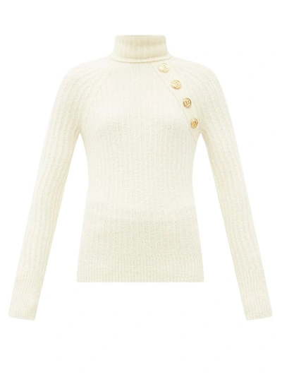 Balmain Button Embellished Rib Wool Blend Turtleneck Sweater In Ivory