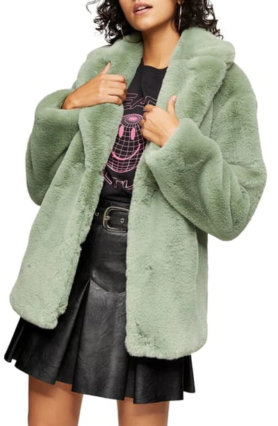 Topshop Two-tone Faux Fur Coat In Green