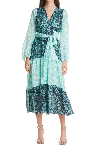 Tanya Taylor Liza Long Sleeve Tie Waist Silk Midi Dress In Cutwork Floral Navy Jade