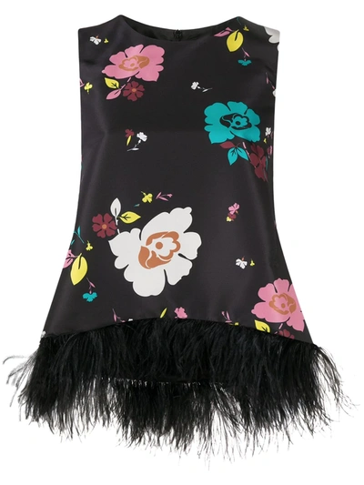 La Doublej La Scala Floral-print Feather-trimmed Silk Top In Black