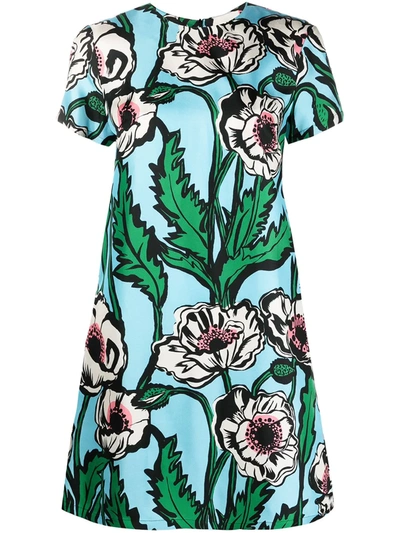 La Doublej Floral-print Mini Short-sleeve Swing Dress In Turquoise