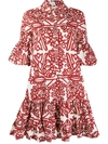 La Doublej Choux Ruffled Parnaveg-print Mini Shirt Dress In Red/white