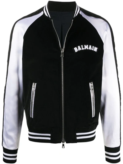 Balmain Logo Badge Velvet Bomber Jacket In Black