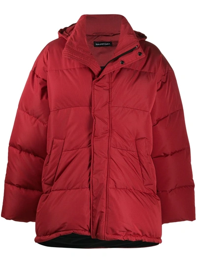 Balenciaga C Shape Oversized Quilted Ripstop Hooded Jacket In Red