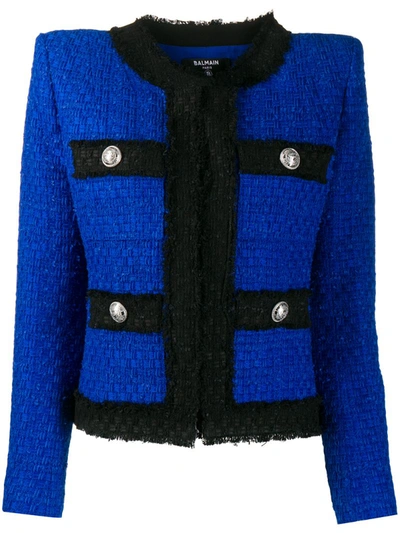 Balmain Two-tone Cotton-blend Tweed Jacket In Blue