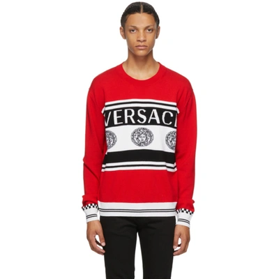 Versace Medusa Logo Intarsia Wool Knit Sweater In Rosso Bianco Nero