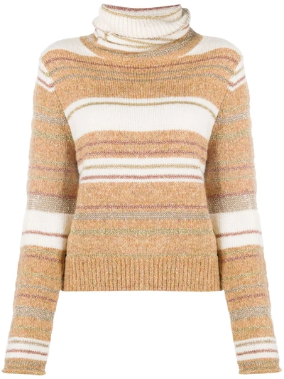 See By Chloé Metallic Striped Knitted Turtleneck Sweater In Camel