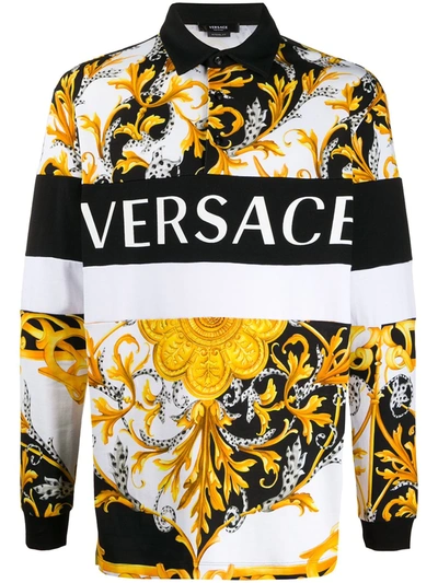 Versace Mixed-print Long-sleeve Polo Shirt In White