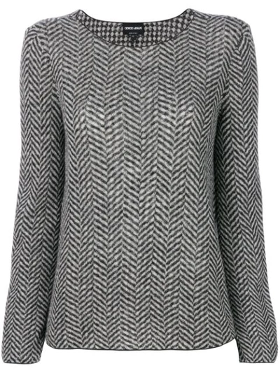Giorgio Armani Chevron-stitch Virgin Wool Boat-neck Sweater, Gray Pattern In Herringbone