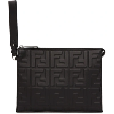 Fendi Logo-embossed Leather Pouch In Black