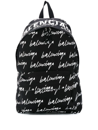 Balenciaga Logo Scribble Print Nylon Backpack In Black