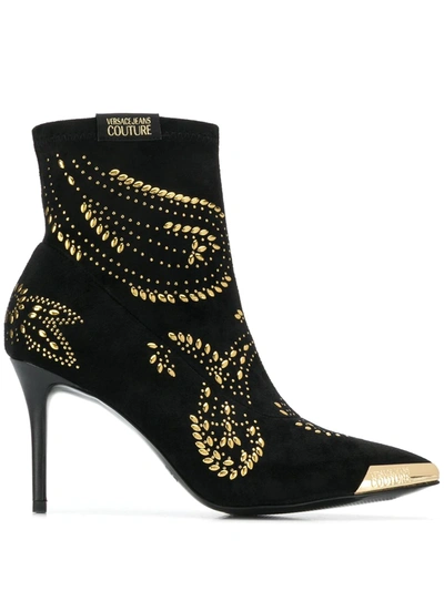 Versace Jeans Couture Black Booties With Gold Toe-cap And Studs