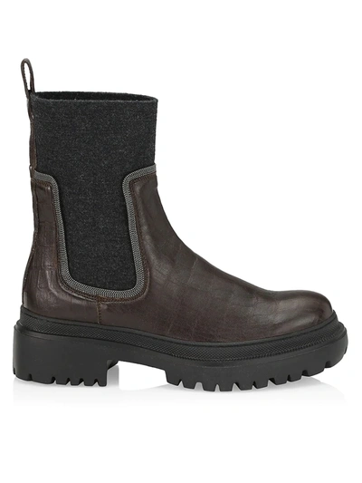 Brunello Cucinelli Leather Lug Sole Sock Boots In Brown