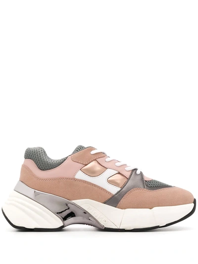 Pinko Two-tone Lace-up Sneakers In White,grey,pink