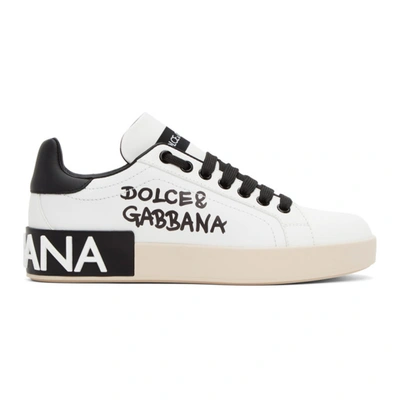 Dolce & Gabbana White & Black Logo Portofino Sneakers In White,black