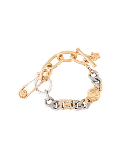 Versace Two-tone Logo Motif Bracelet In Gold