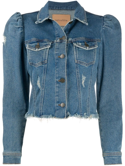 Retroféte Rissa Puff-sleeve Distressed Denim Jacket In Blue Jay