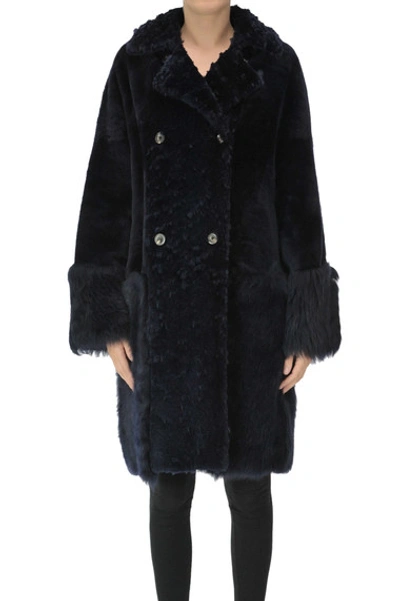 Desa Nineteenseventytwo Double-breasted Shearling Coat In Navy Blue