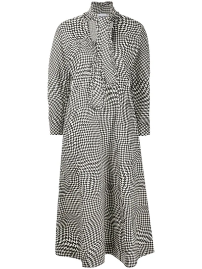 Ganni Optical Houndstooth Neck-tie Cotton Midi Dress In Brazilian Sand