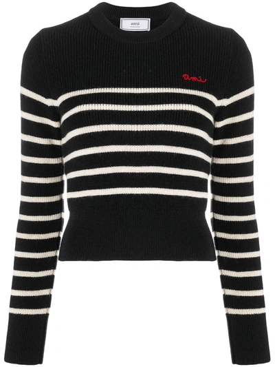Ami Alexandre Mattiussi Logo-embroidered Striped Wool Sweater In Black White