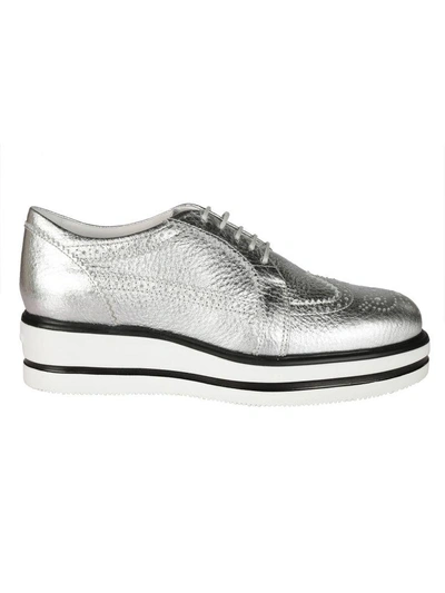 Hogan Women's Classic Leather Lace Up Laced Formal Shoes Derby H323 In Silver