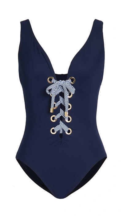 Karla Colletto Maritta V Neck One Piece In Navy Blue/white