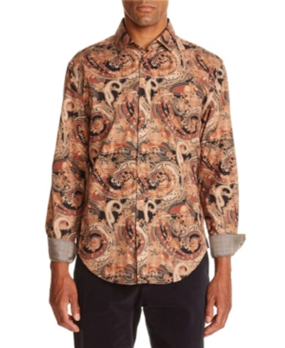 Tallia Men's Slim Fit Black/brown Paisley Long Sleeve Shirt And A Free Face Mask With Purchase