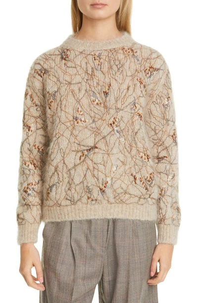 Brunello Cucinelli Crewneck Sweater Mohair Sweater With Dazzling Ramage Embroidery In Beige