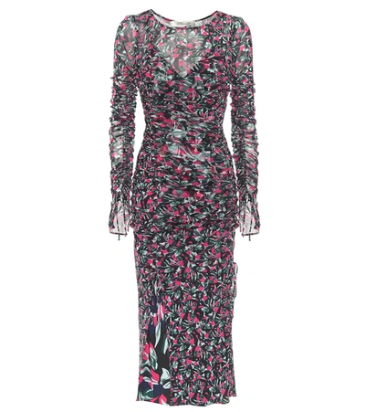 Diane Von Furstenberg Corinne Ruched Floral-print Stretch-mesh And Crepe Dress In Pink