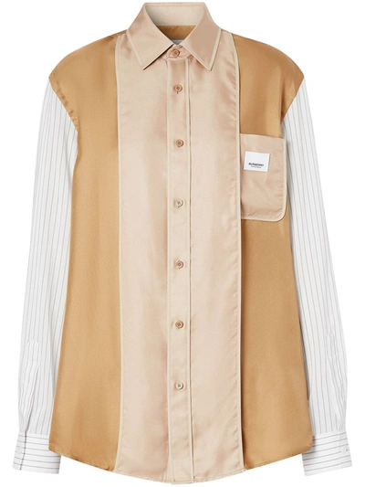 Burberry Logo Appliqué Pinstriped Panelled Shirt In Camel