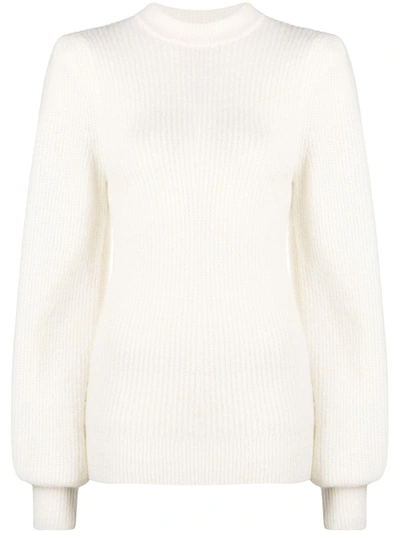 Ganni Chunky Wool Knit Puff-sleeve Sweater In Egret