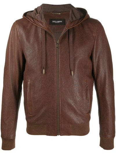 Dolce & Gabbana Hooded Leather Jacket In Brown