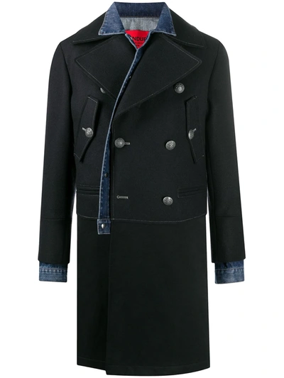 Dondup Double-breasted Denim Detail Merino Coat In Black