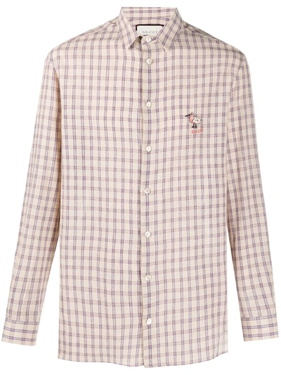 Gucci Bird-embroidered Check Shirt In Neutrals