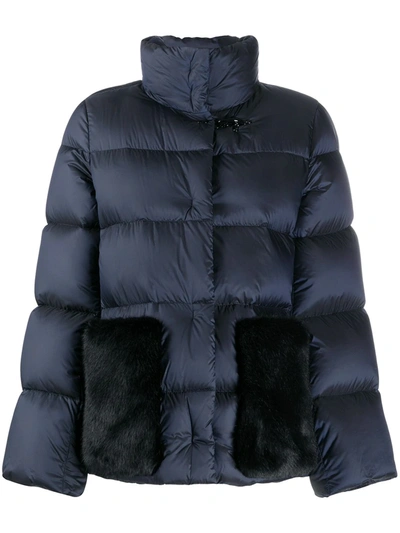 Fay Faux Fur Panel Puffer Coat In Blue