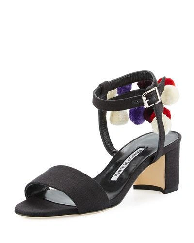 Manolo Blahnik Pompom Linen Block-heel Sandal In Black