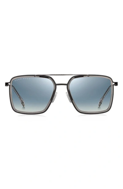 Hugo Boss 55mm Square Aviator Sunglasses In Ruthenium/ Matte Black/ Blue