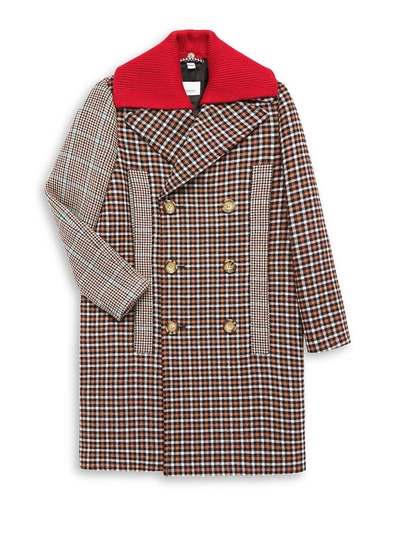 Burberry Kids' Eliot Patchwork Check Wool Blend Coat With Removable Collar In Vermillion