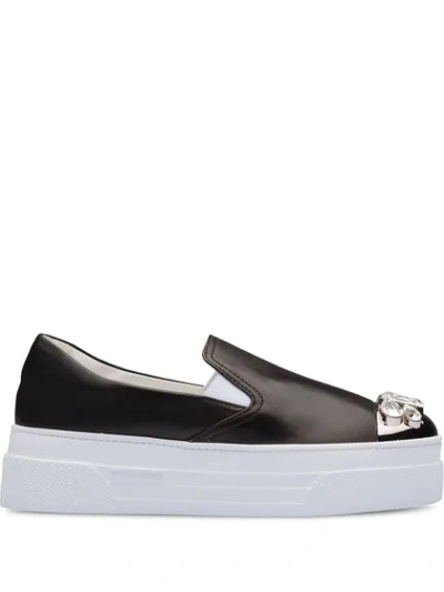 Miu Miu Crystal Cap Toe Platform Slip-on Trainer In Black