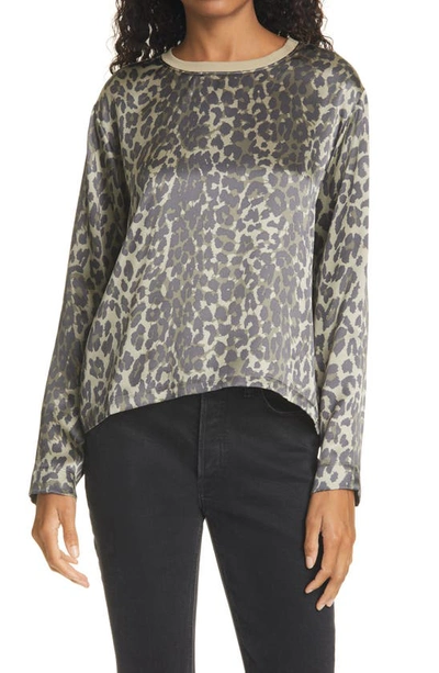 Atm Anthony Thomas Melillo Animal Print Silk Charmeuse Long Sleeve T-shirt In Leopard Combo