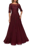 La Femme Floral Lace & Tulle Gown In Burgundy