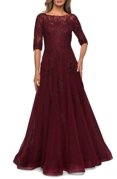 La Femme Floral Lace & Tulle Gown In Burgundy