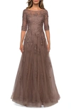 La Femme Floral Lace Detail A-line Tulle Gown In Cocoa