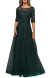 La Femme Lace And Tulle A-line Gown With Three Quarter Sleeves In Green